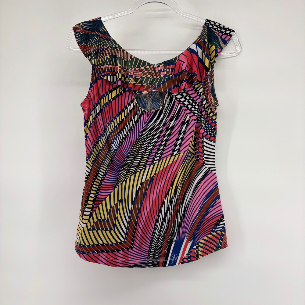 Baby Phat Women's XL Geometric Print‎ Sleeveless Ruffle Top Ruffle Keyhole Neck - Picture 2 of 6